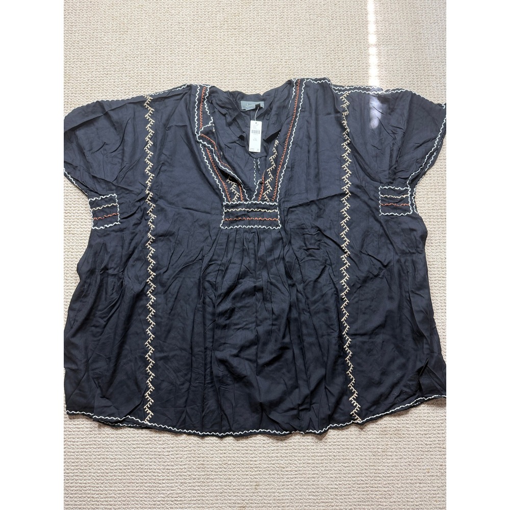 Anthropologie Embroidered Tunic Top Black Boho V-Neck Oversized L/XL NEW
